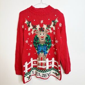 Vintage 90s Knit Reindeer Ugly Christmas Sweater Size Medium Oversized